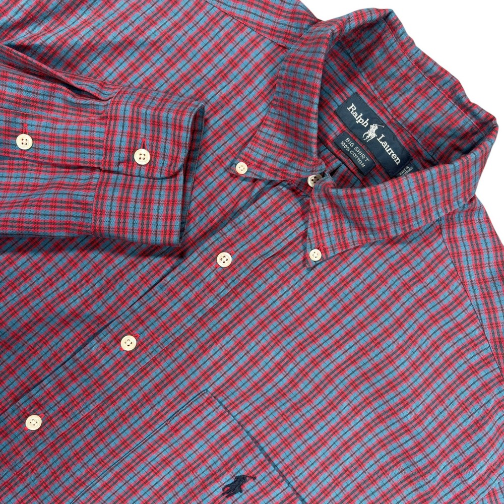 Vintage 90s Ralph Lauren Big Shirt Button Down Mens M Red Blue Plaid Pony
